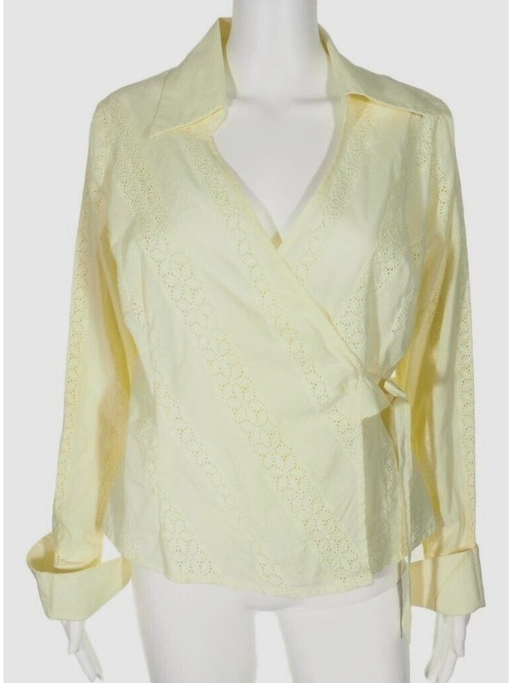 Swarri Wrap Top Womens Large Yellow Eyelet V Neck French Cuffed Cotton